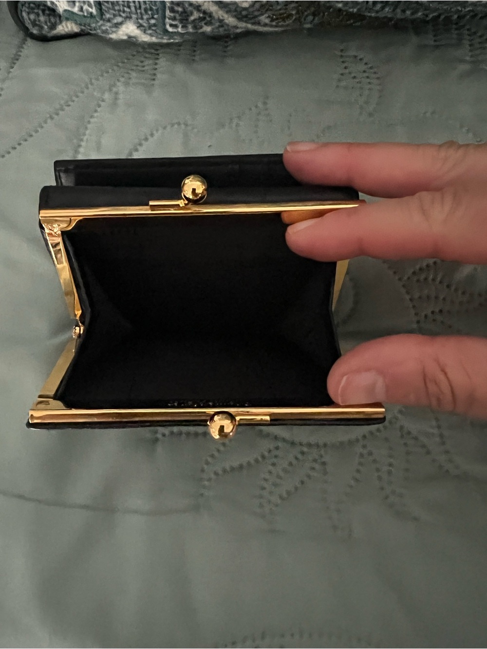 Etienne Aigner Black Leather Coin & Card Holder with Gold Accents - Picture 2 of 4